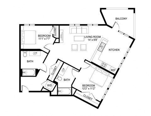 Floor plan for 2 beds, 2 baths, 1038 sqft